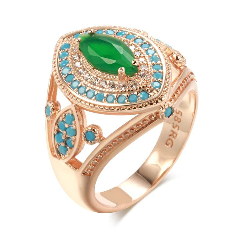 Vintage Botanical Emerald-Zircon Earrings and Ring Jewelry Set