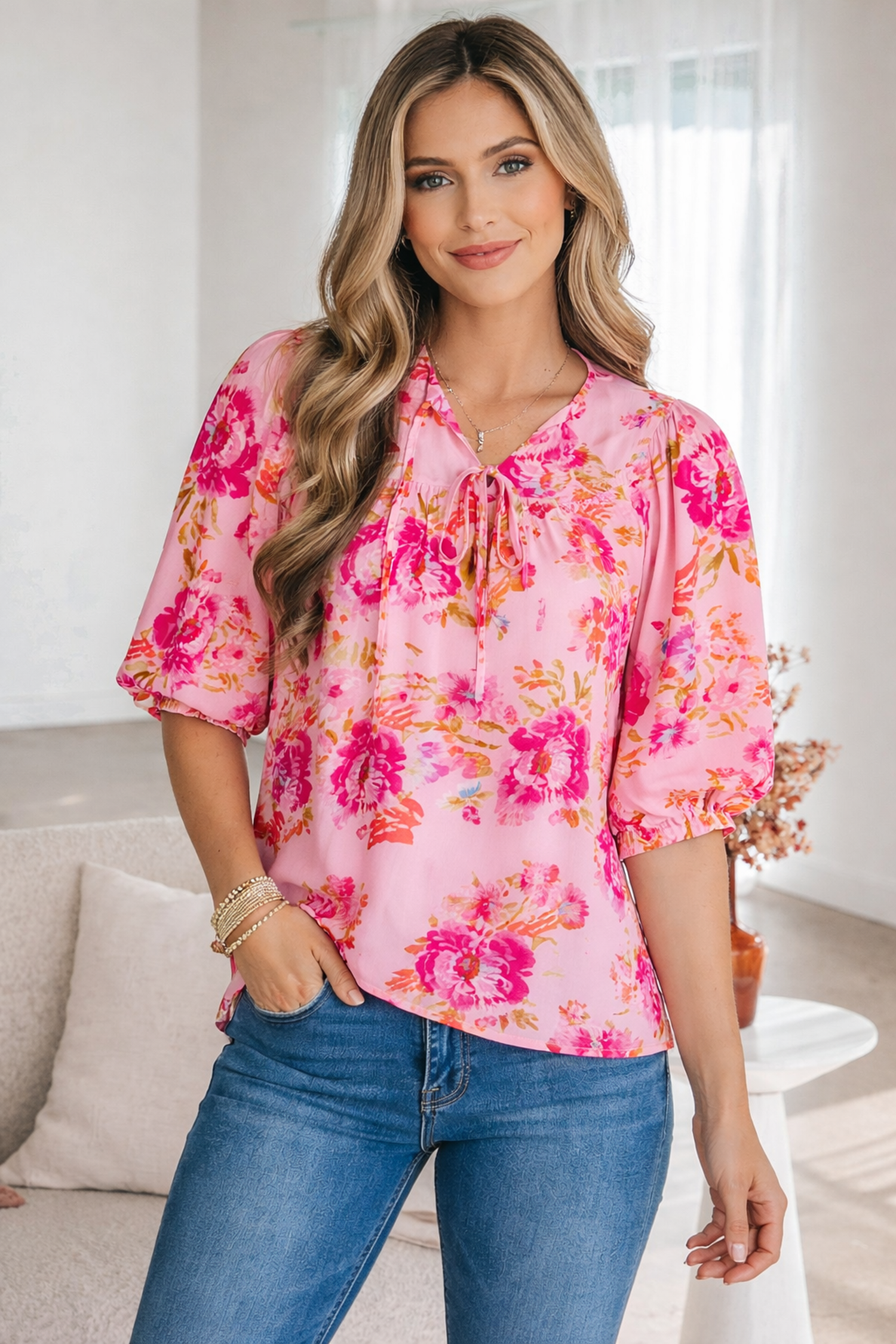 Nicole Puffy Half Sleeve Floral Blouse with Tie Neck