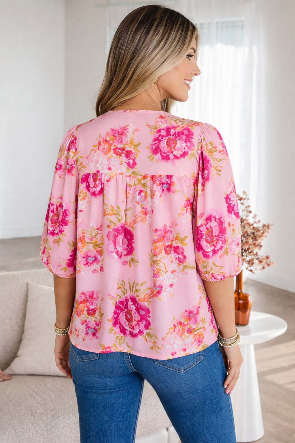 Nicole Puffy Half Sleeve Floral Blouse with Tie Neck