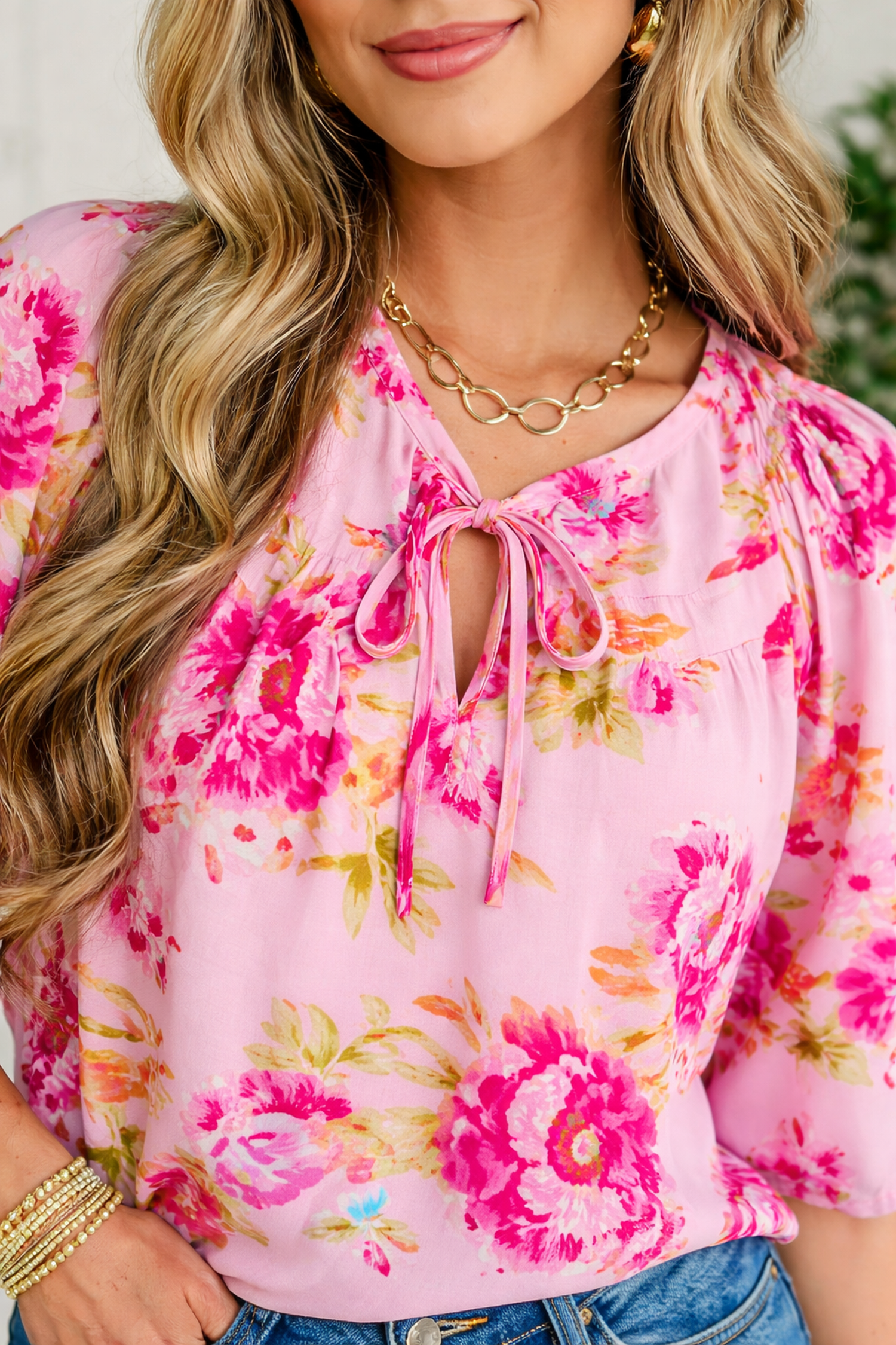 Nicole Puffy Half Sleeve Floral Blouse with Tie Neck