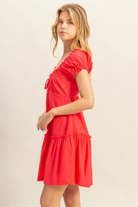 Red Ruched Frill Tiered Mini Dress for Summer