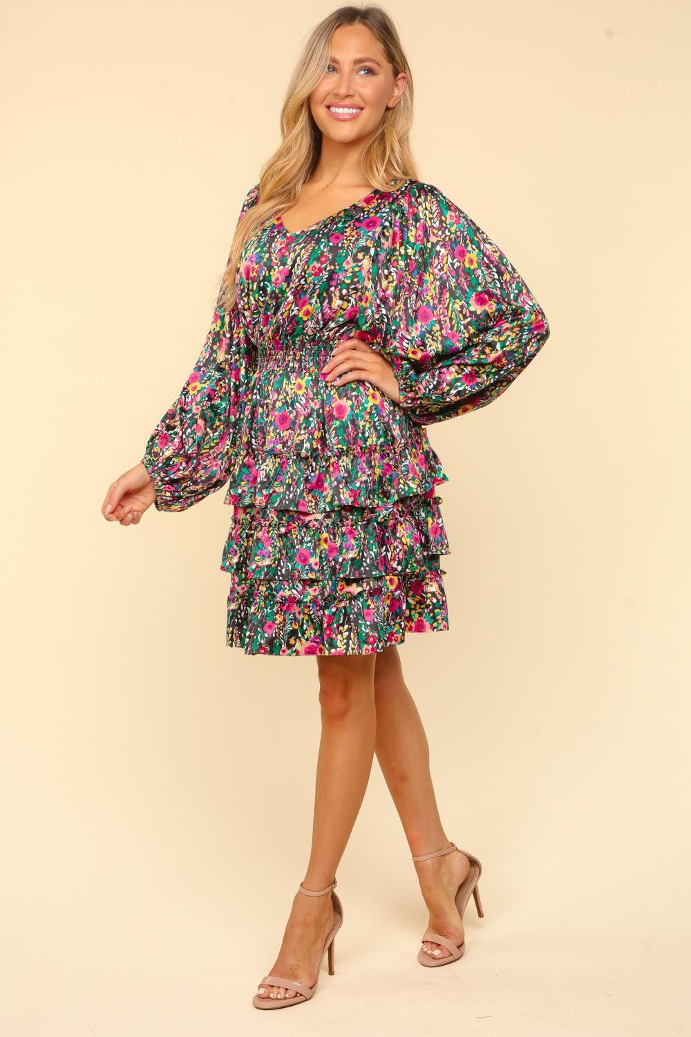 Floral Satin V-Neck Layered Dress for Summer Parties