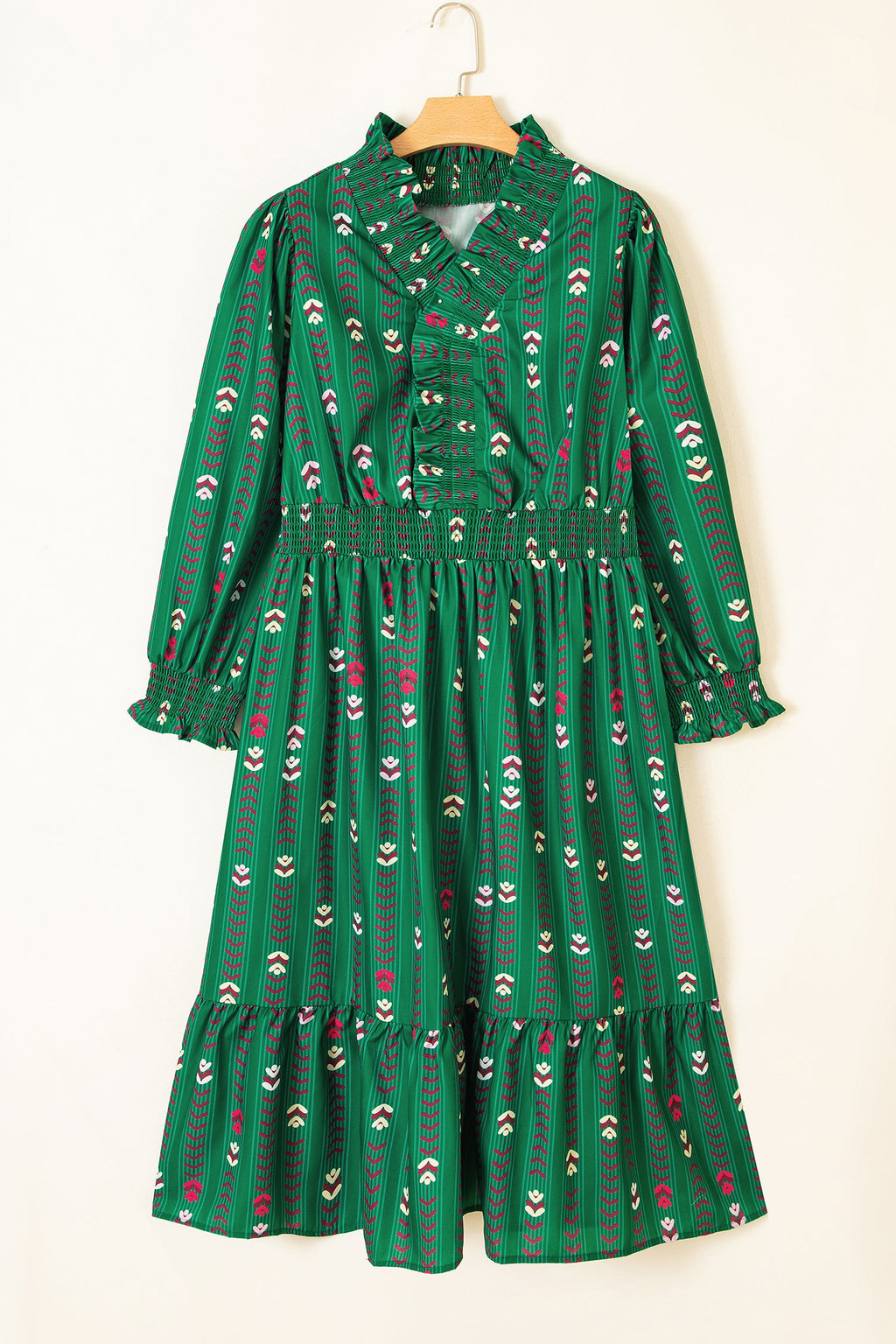Plus Size Floral Ruffle V-Neck Long Sleeve Midi Dress