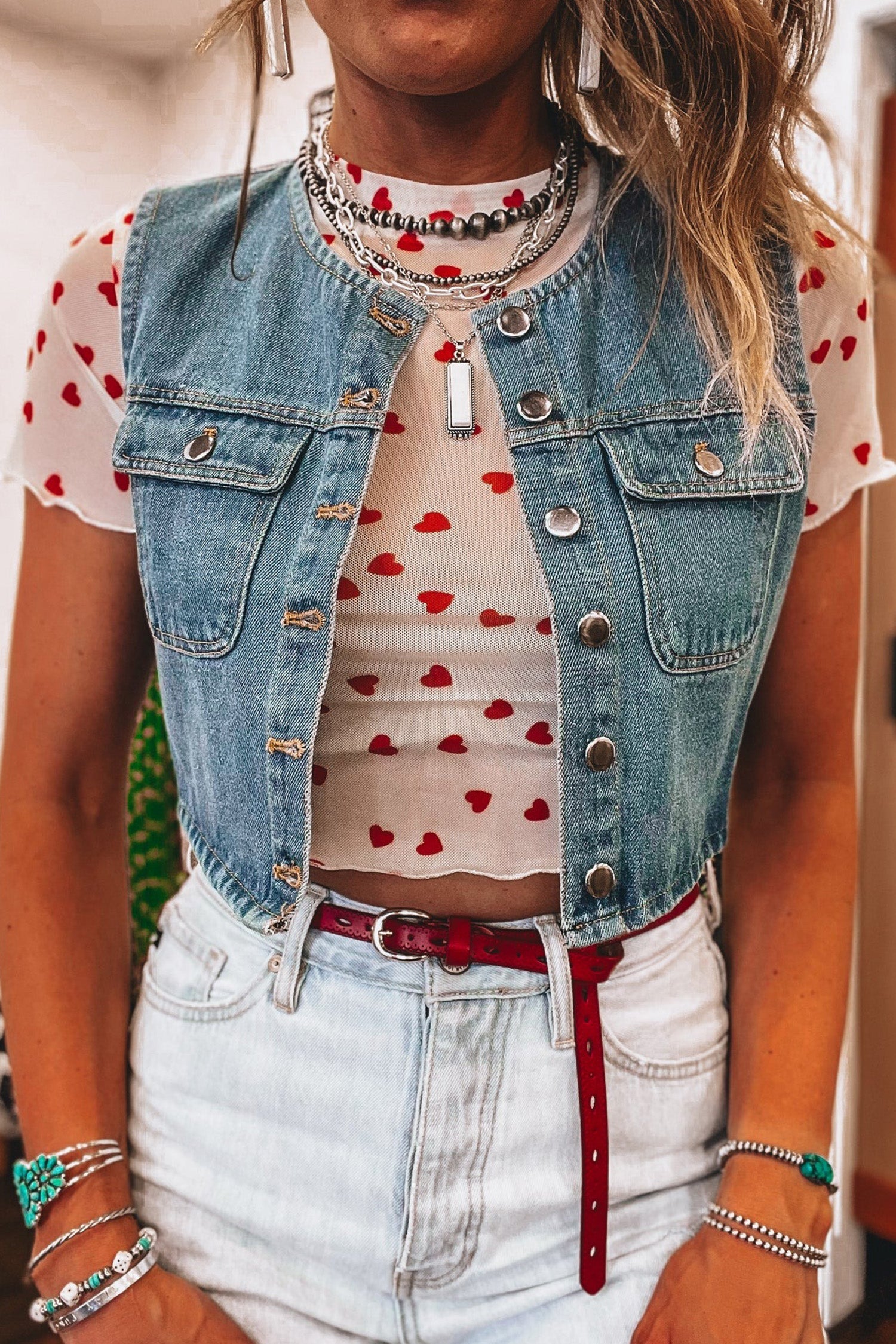 White Red Allover Heart Print Mesh Short Sleeve Crop Top