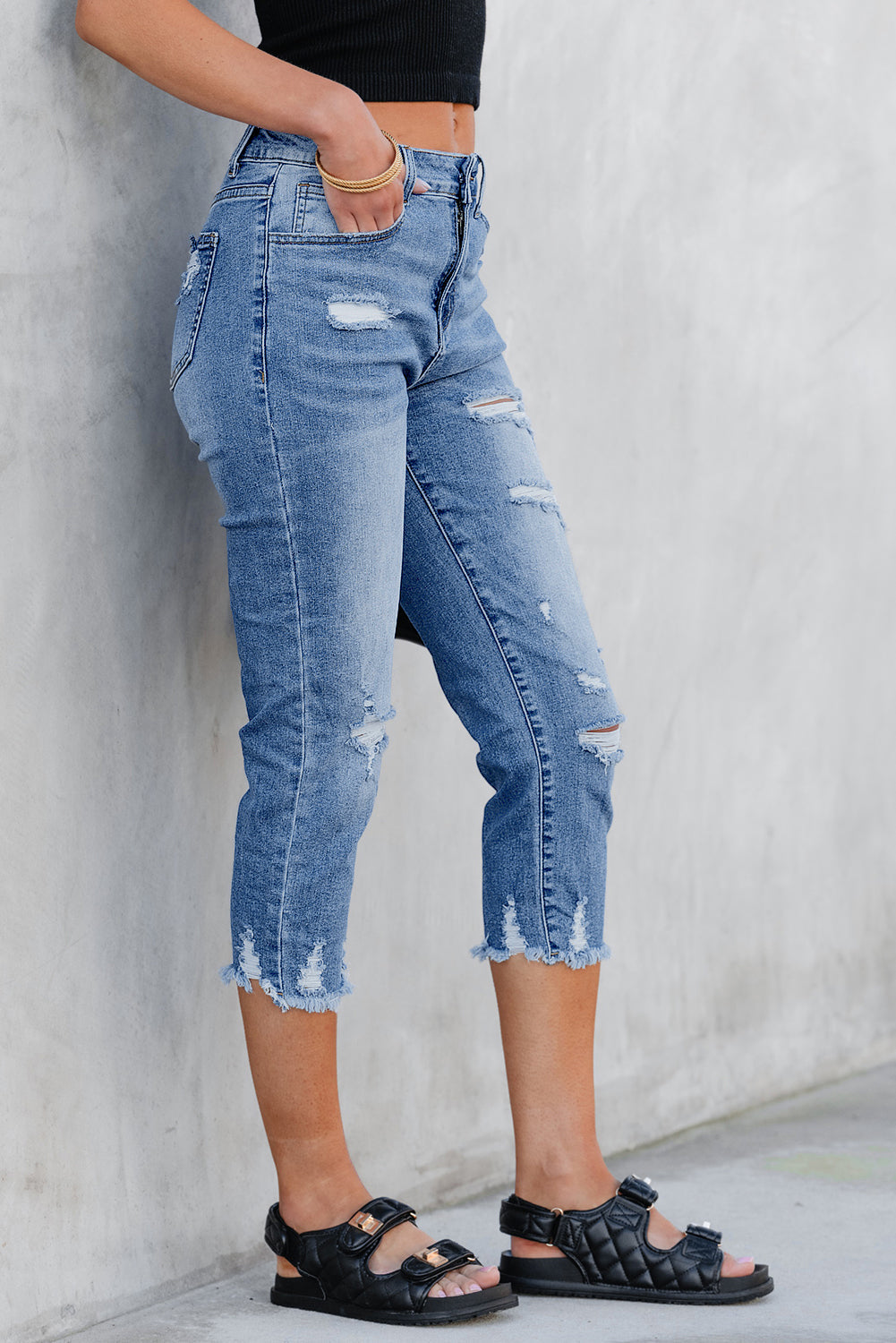 Georgia High-Rise Distressed Skinny Capri Jeans in Medium Blue