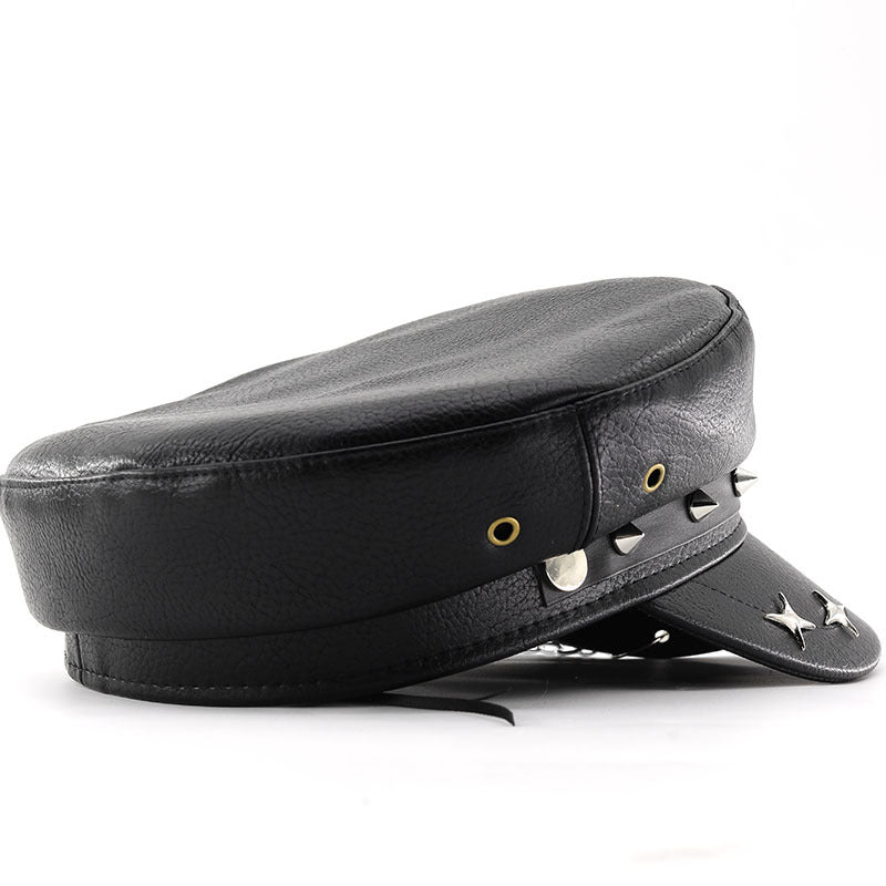 PU Leather Punk Peaked Cap with Chain & Stud Detail – Gothic Halloween Party Hat | 4 Designs: Cross, Leopard, Skull Claws & Spider