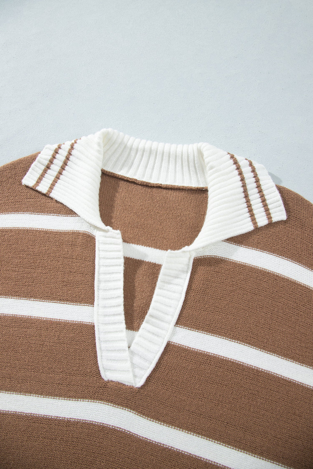 Plus Size Stripe Collared V-Neck Exposed Seam Sweater