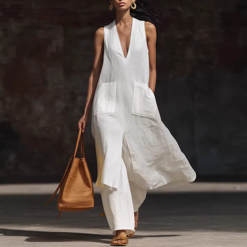 Women's V-Neck Sleeveless Linen Tunic and Wide Leg Pant Set - Image 4