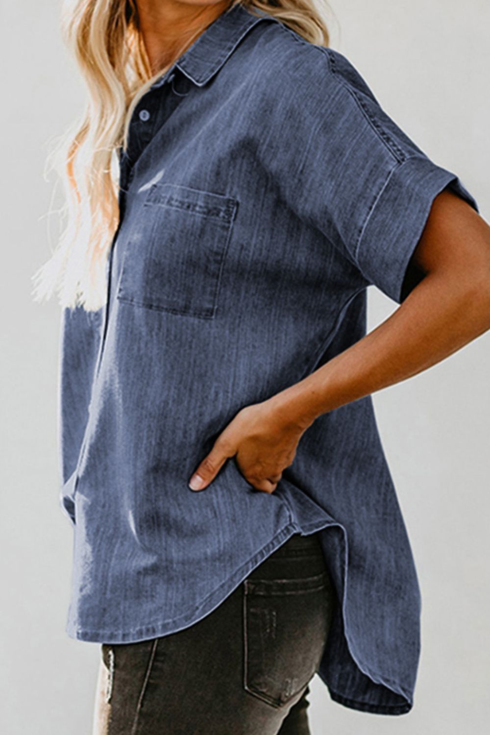 Women's Short Sleeve Denim Button Up Shirt with Pocket - Image 2