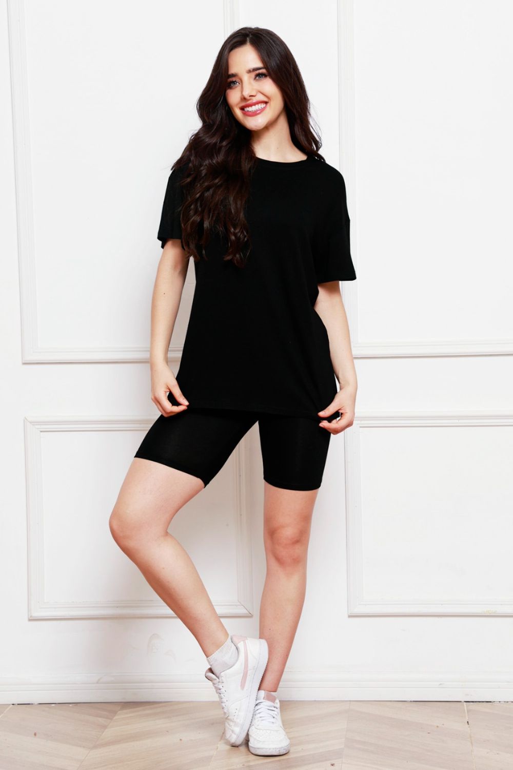 Women's Black Short Sleeve T-Shirt and Biker Shorts Set