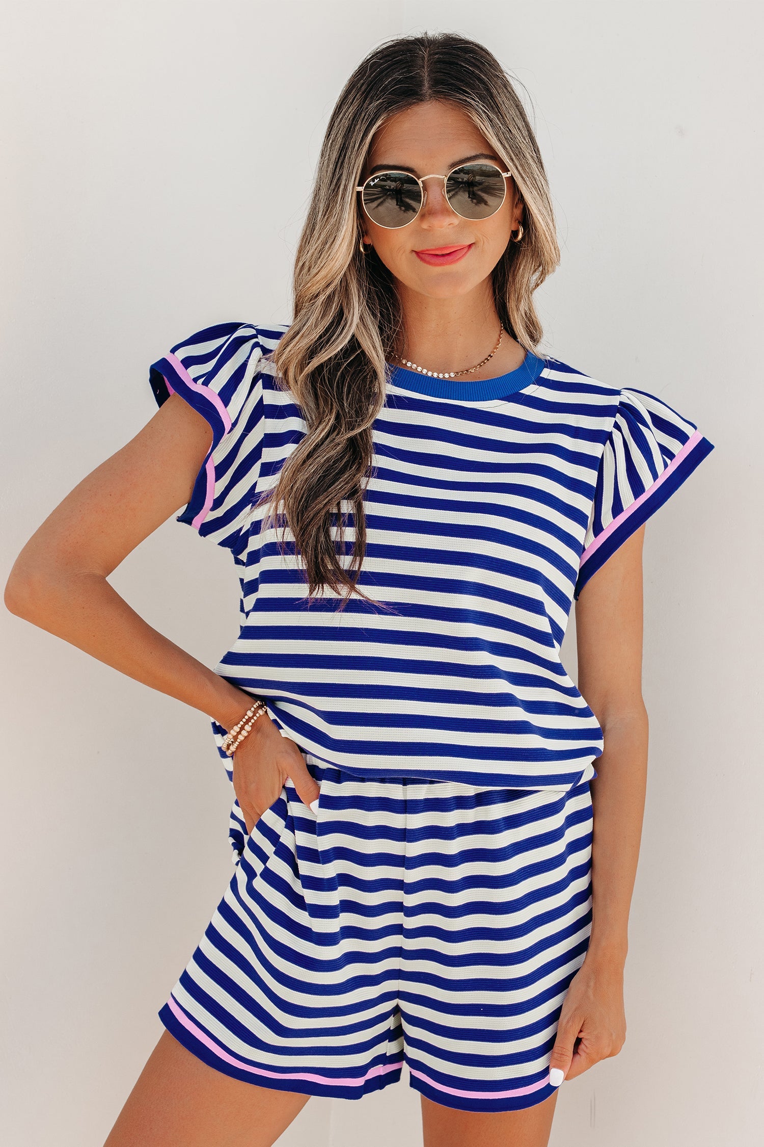 Xiomara striped cap sleeve top and matching shorts set in blue, white, and pink