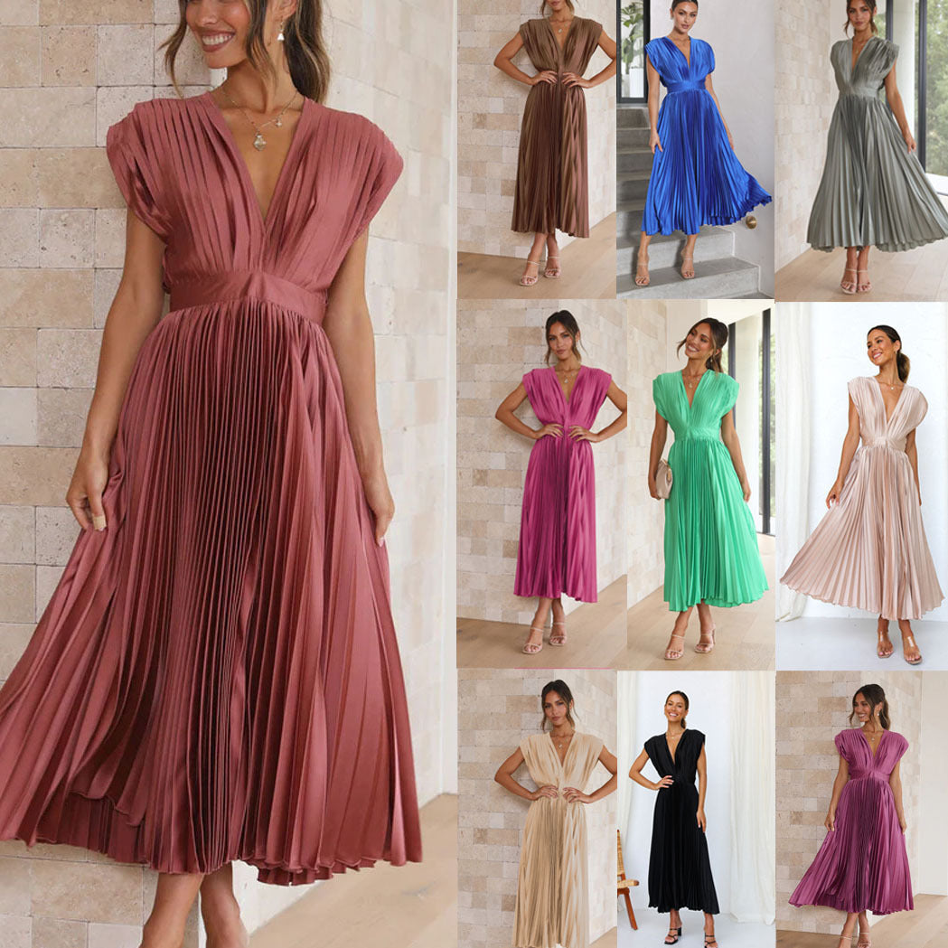 Elegant Pleated Sleeveless Casual Dress with Zipper and Lace-Up
