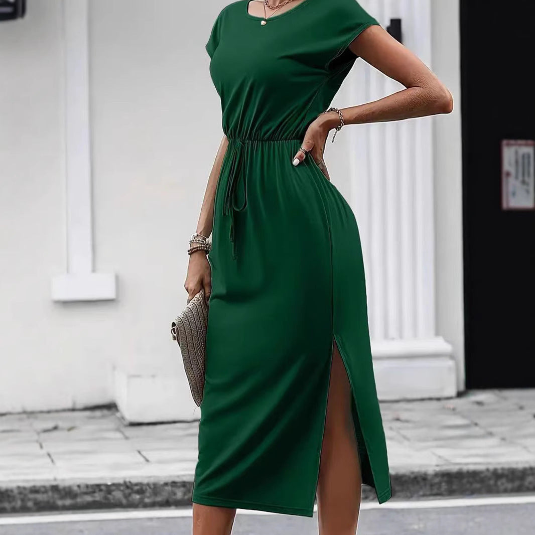 Cinched Waist Slim-Fit Round Neck Short Sleeve Mini Dress