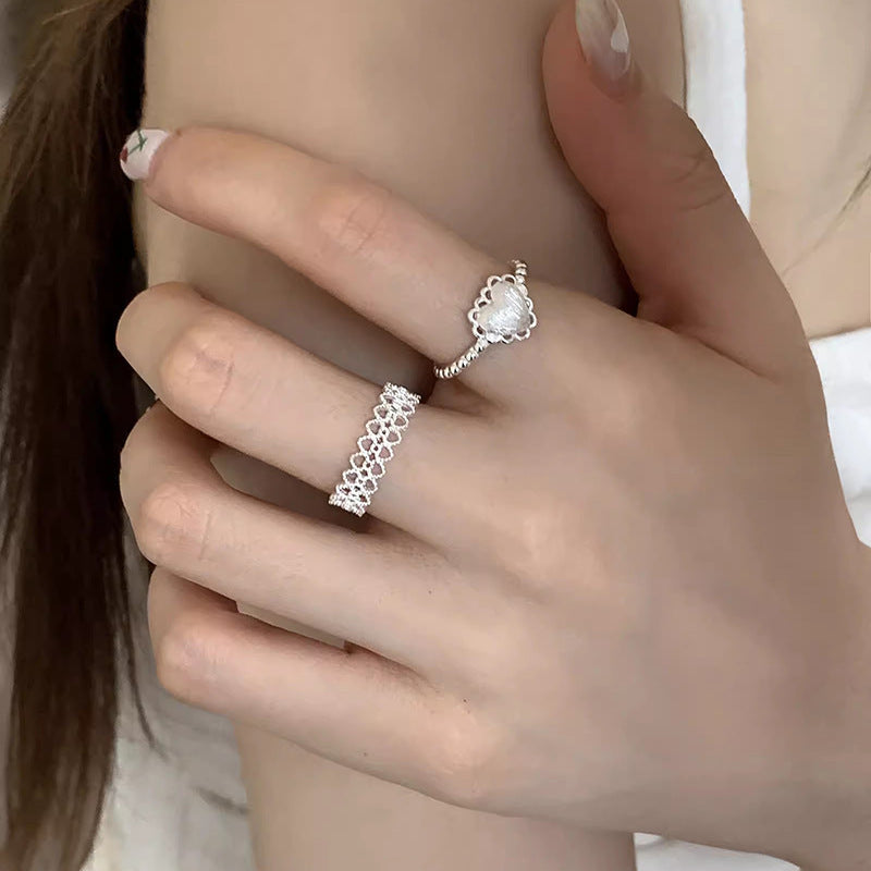 S925 Sterling Silver Brushed Love Heart Ring For Women, INS Korean Sweet Style, Versatile Niche Lace Edge Open Ring
