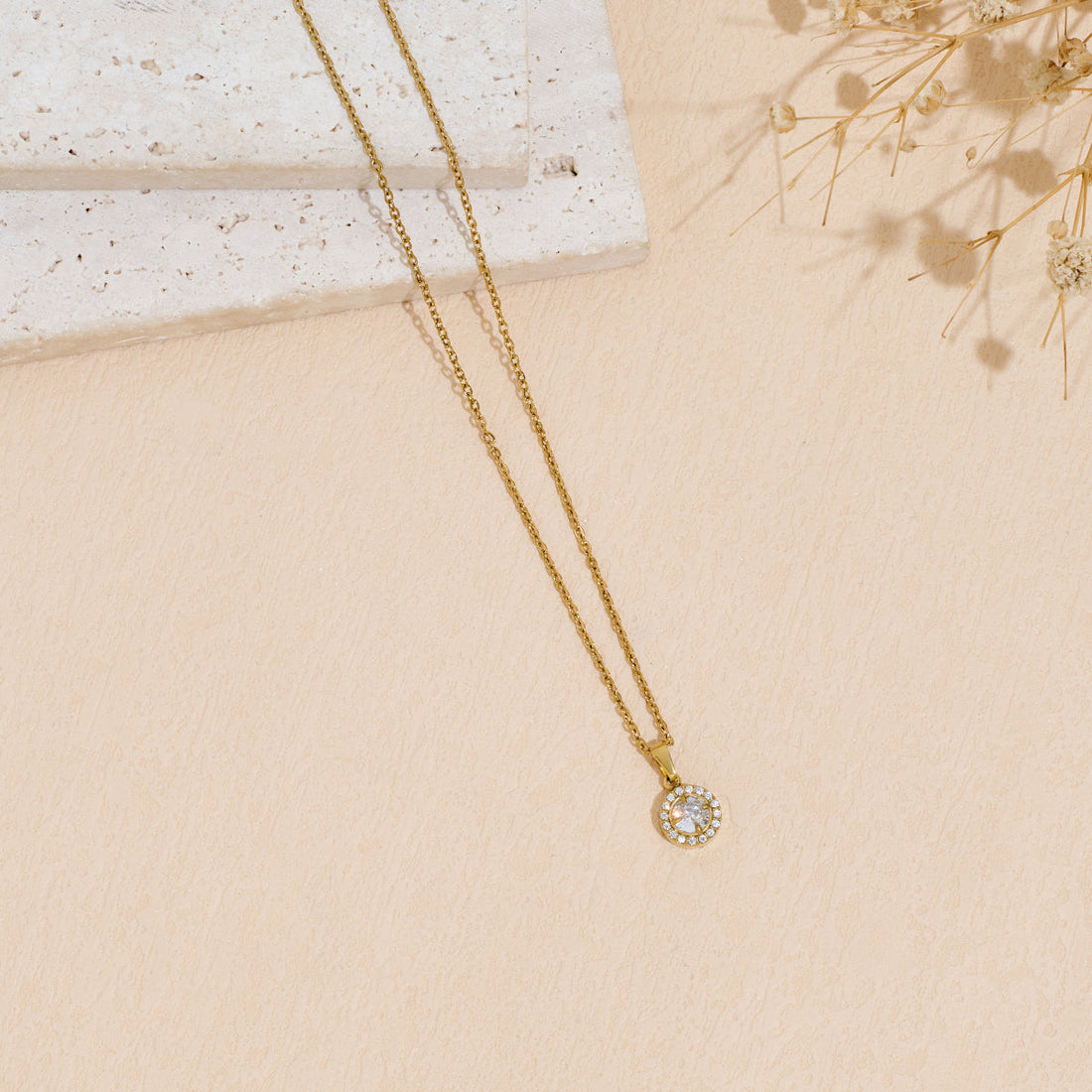 Stainless Steel Pendant Necklace with Dazzling Zircon Inlay