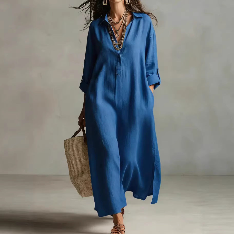 Women's Long-Sleeve Linen Blend Shirt Dress Casual Midi Dress - Image 4