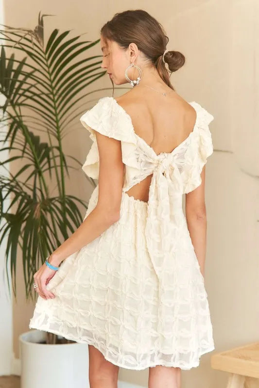 Cream Tie Back V-Neck Ruffle Sleeve Summer Dress