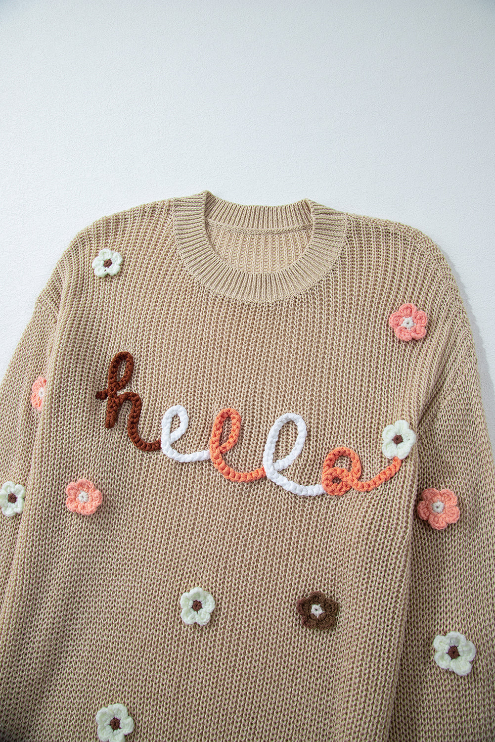 Hello Floral Embroidered Knit Long Sleeve Loose Sweater