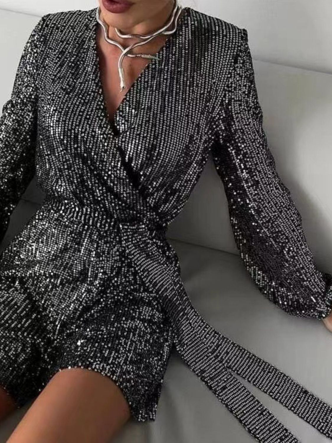 Sequin Surplice Tie Waist Long Sleeve Mini Romper