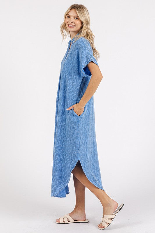 Mineral Wash Blue Button-Up Midi Shirt Dress for Women