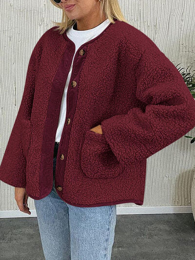 Women's Cozy Sherpa Fleece Button Up Jacket with Functional Pockets
