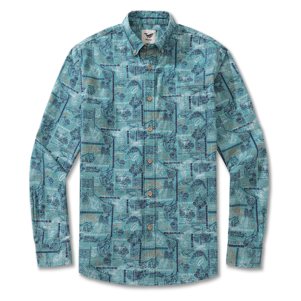 Long sleeve button-down shirt showcasing a line drawing pattern of Pele and Hiiaka legends.