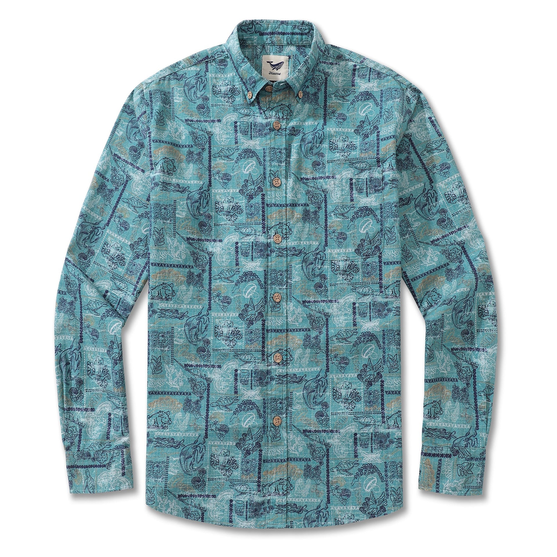 Long sleeve button-down shirt showcasing a line drawing pattern of Pele and Hiiaka legends.