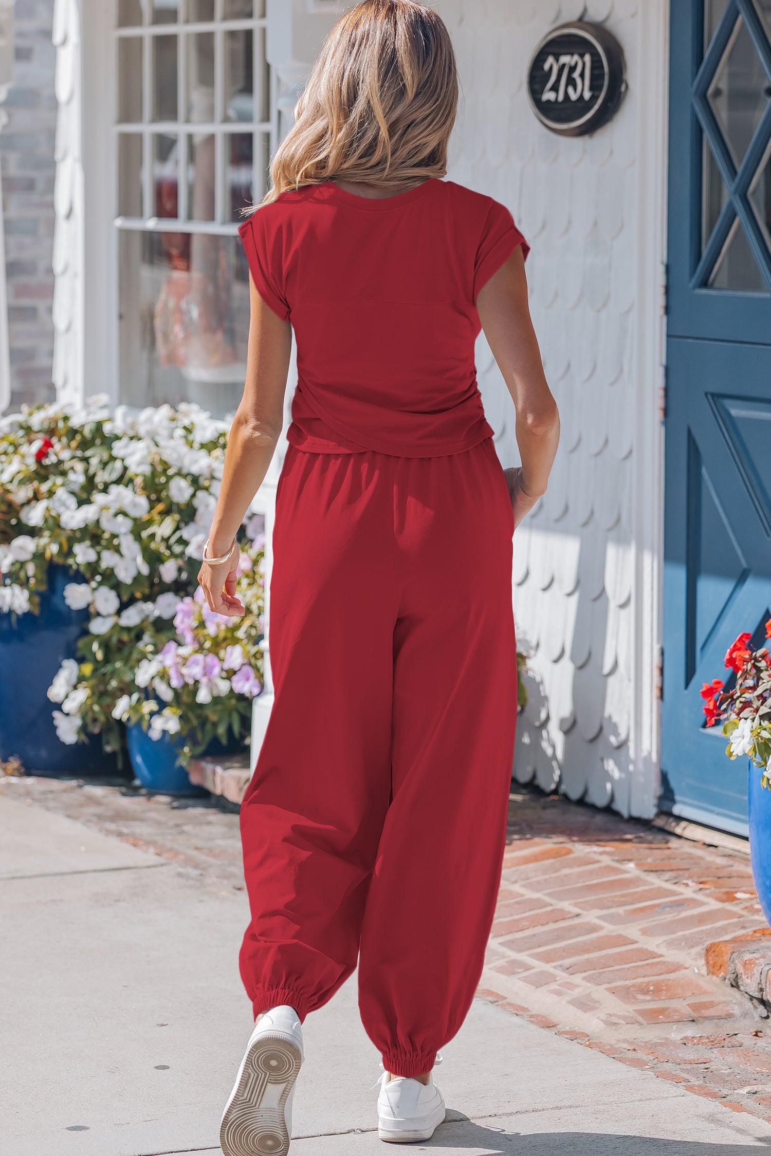 Racing Red Cropped Tank Top and Jogger Pants Outfit Set