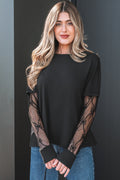 Zendaya long sleeve tee with sheer patchwork sleeves and delicate bow texture details
