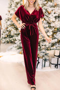 Burgundy Velvet Drawstring Surplice Jumpsuit | Wide-Leg Party
