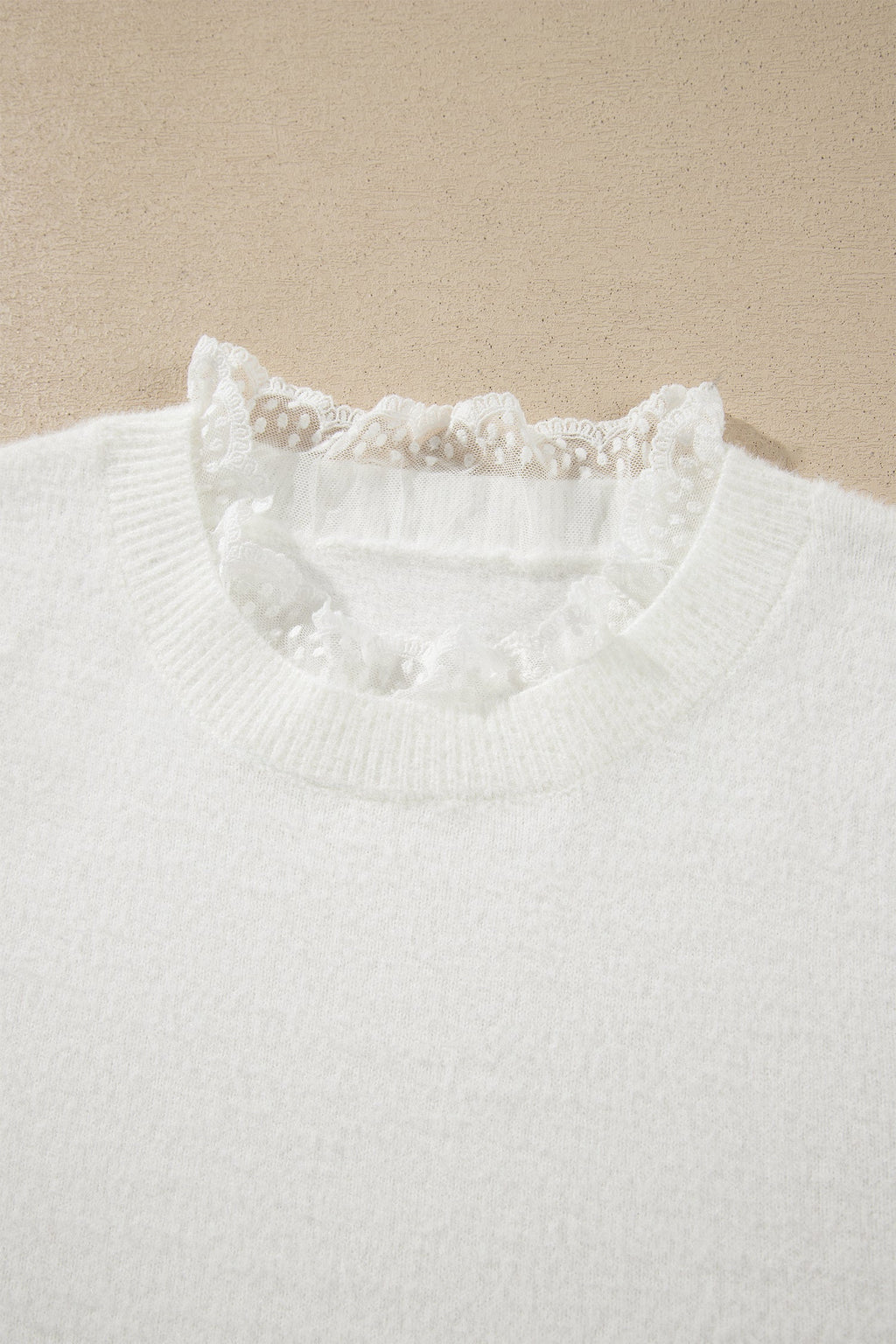 Solid Lace Trim Crewneck Long Sleeve Sweater