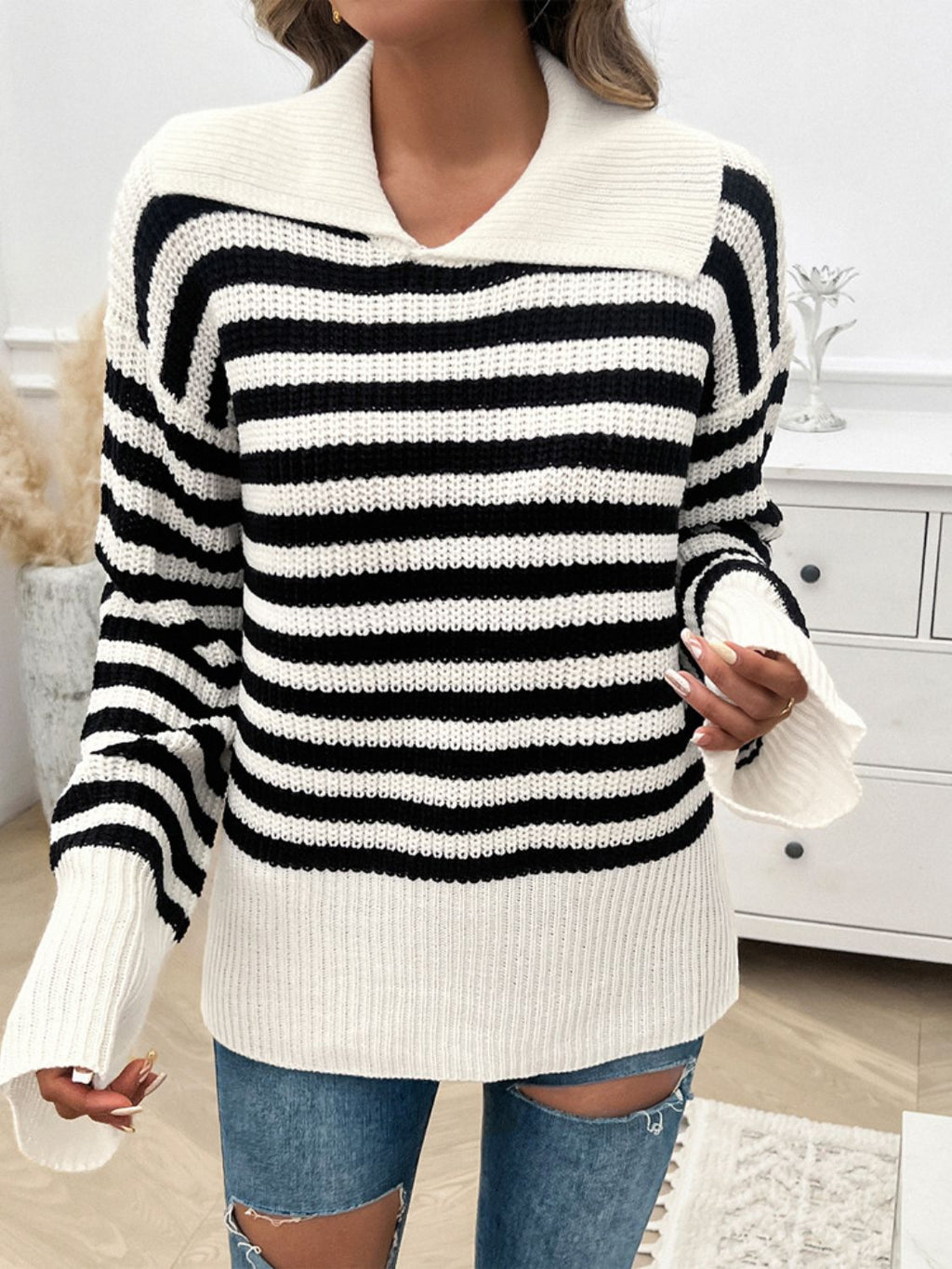 Women's Collared Striped Knit Sweater in Brown and White - Image 12