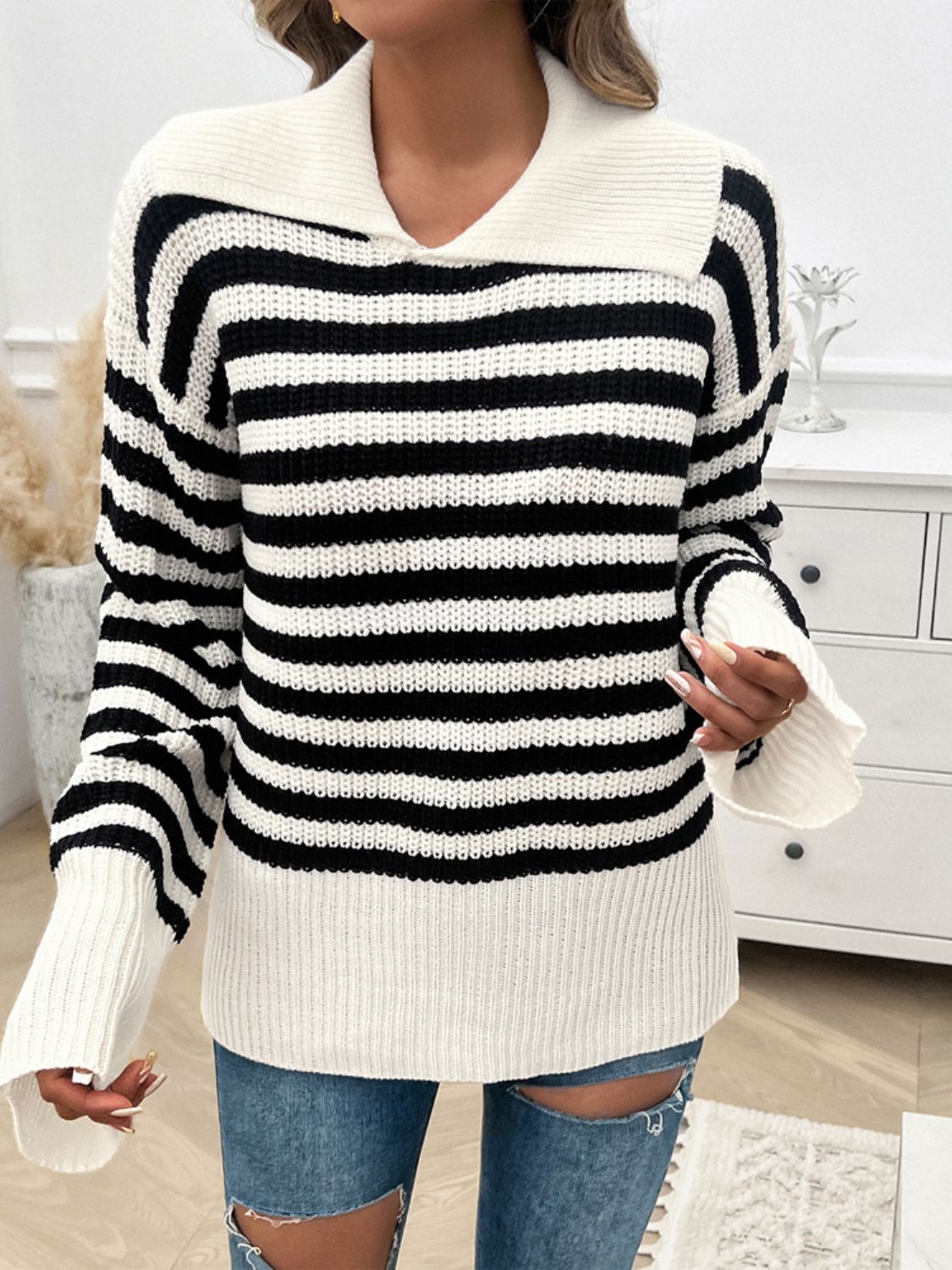Women's Collared Striped Knit Sweater in Brown and White - Image 12