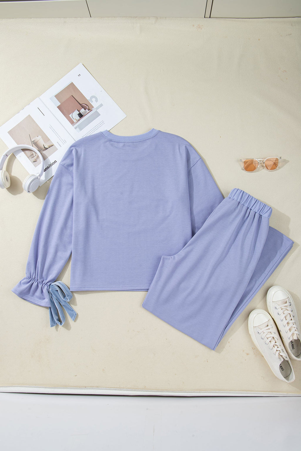 Flounce Long Sleeve Top and Drawstring Pants Set