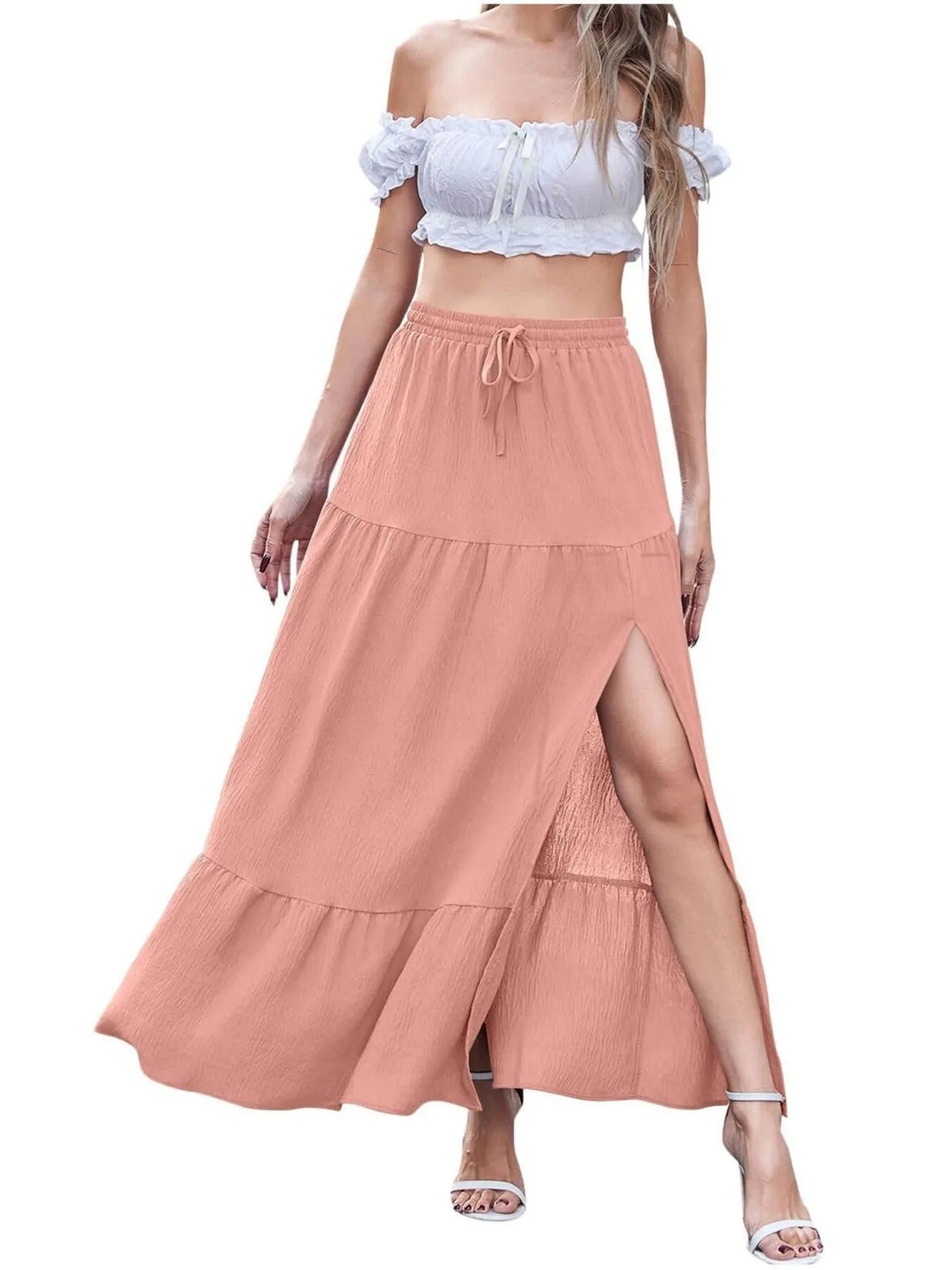 White Tiered Ruffled Maxi Skirt with Side Slit - Image 10