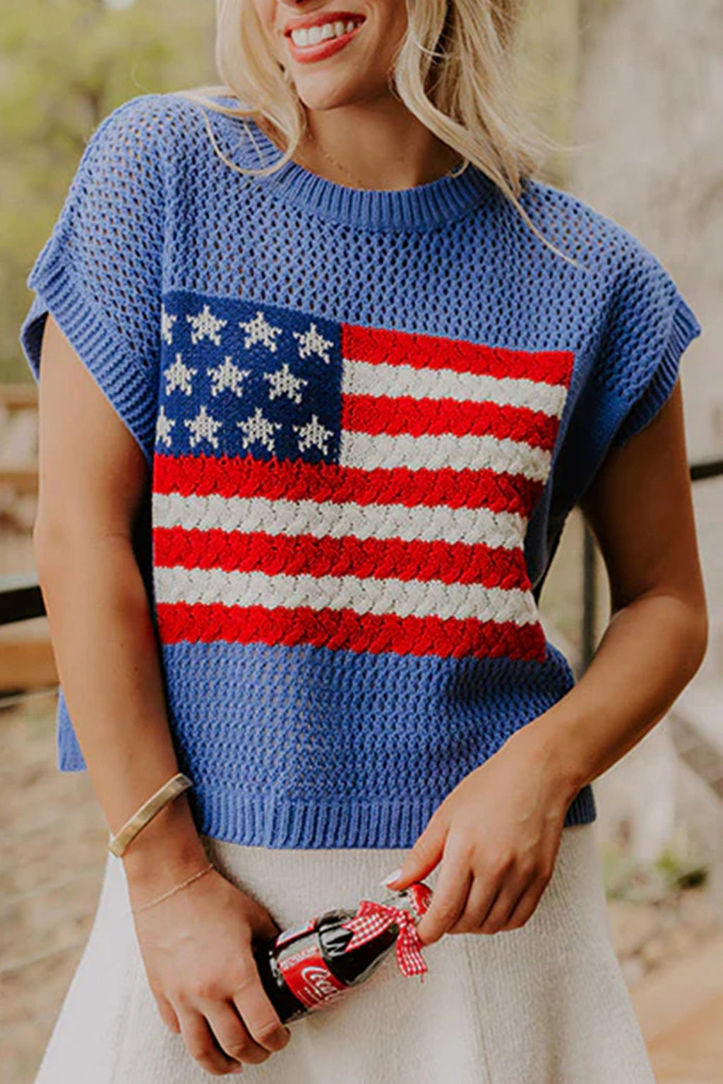 USA Flag Crochet Short Sleeve Sweater Top