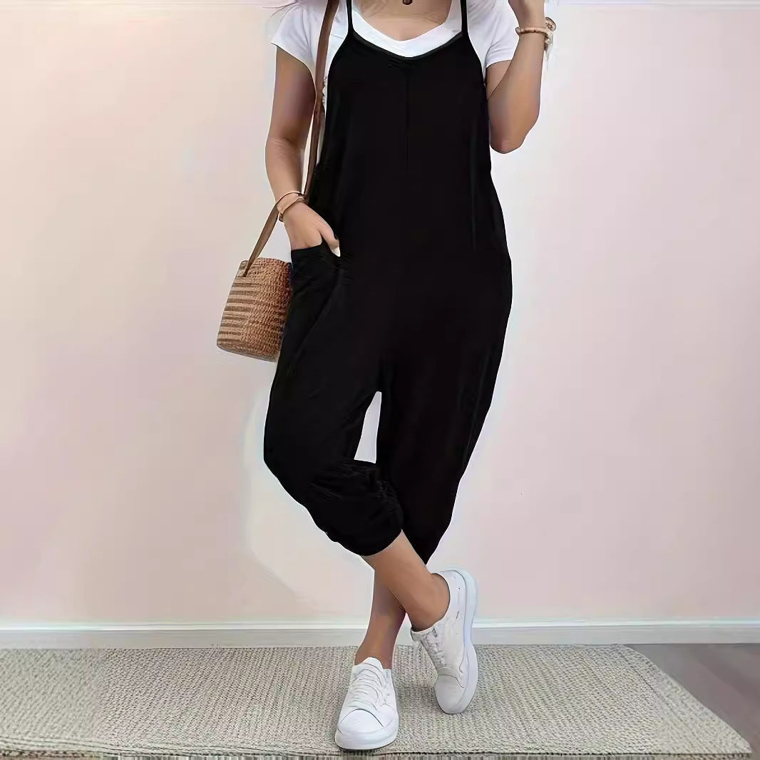 Women's Loose Casual Jumpsuit with Pockets and Sling Straps