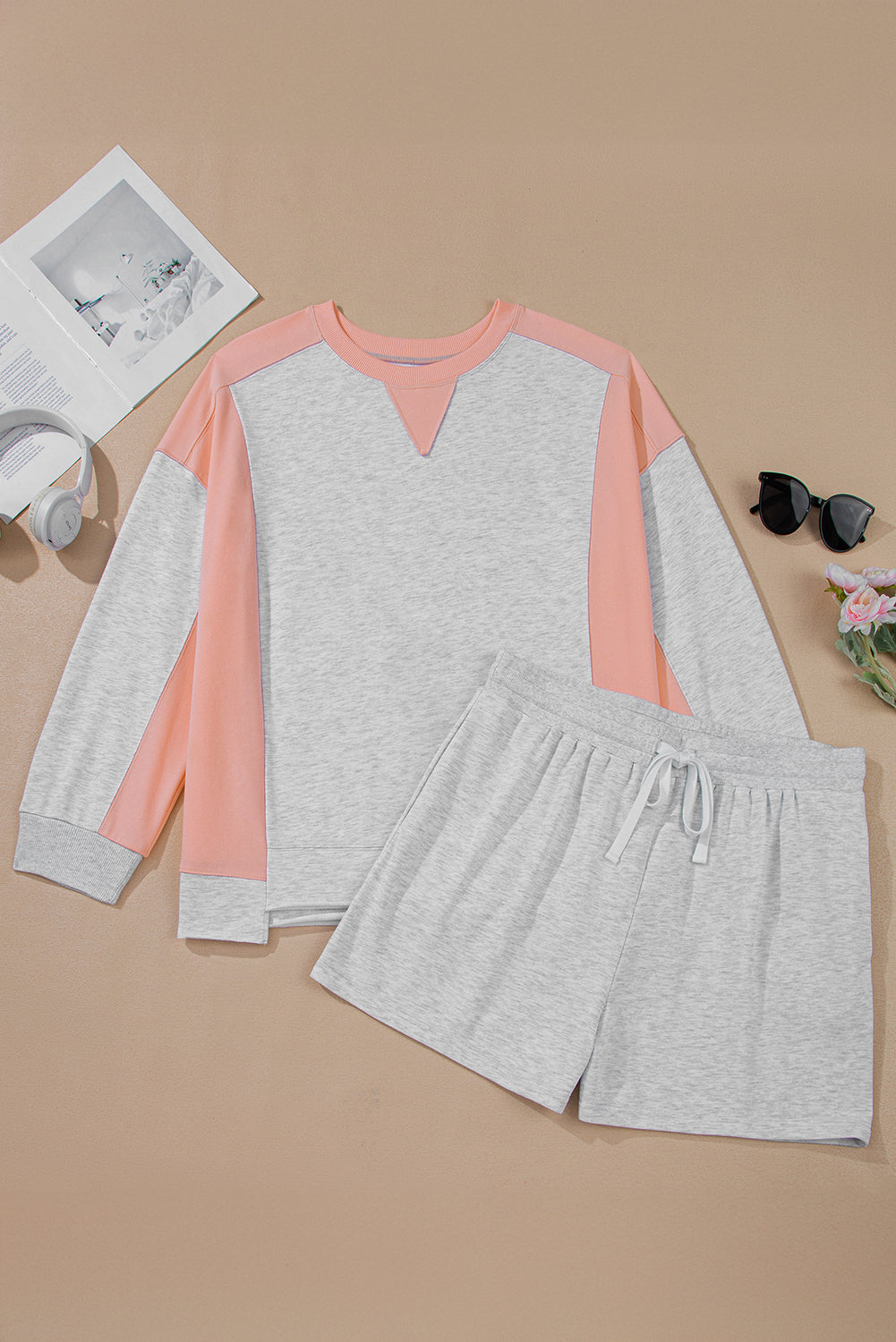 Light Grey Uneven Hem Colorblock Patchwork Pullover Shorts Plus Size 2pcs Outfit