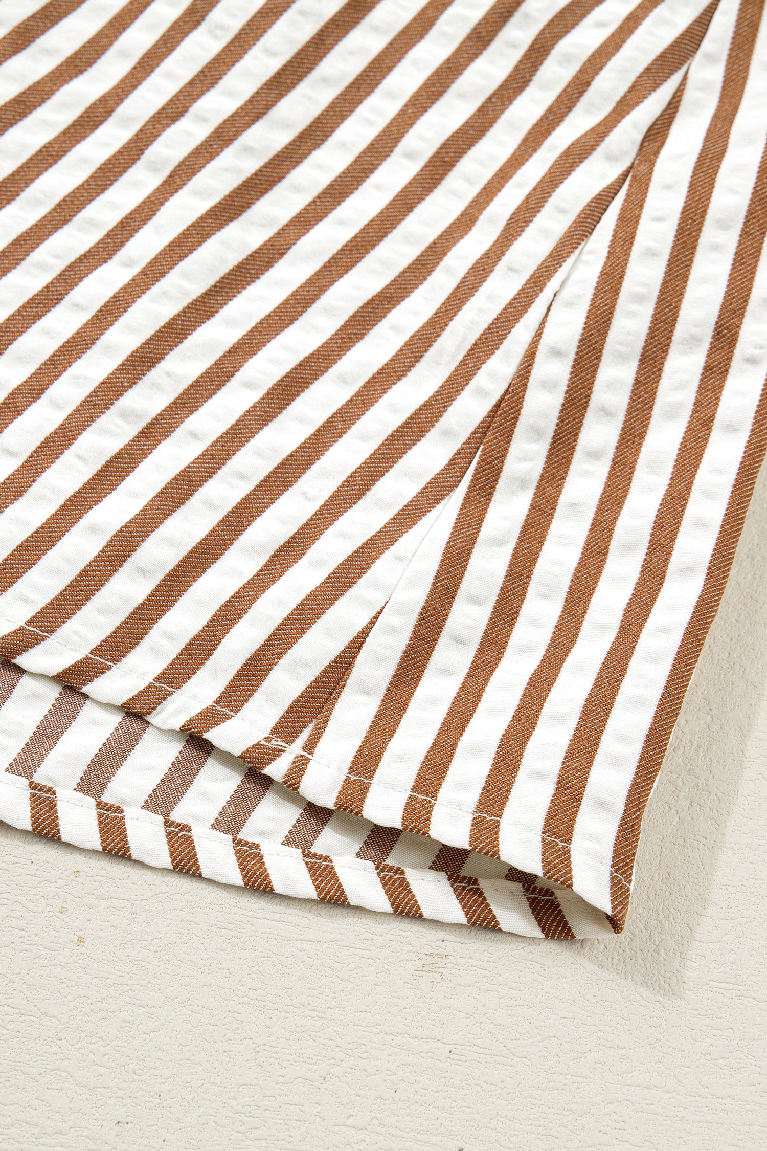 Stripe Shirred V-Neck Blouse with Short Puff Sleeves