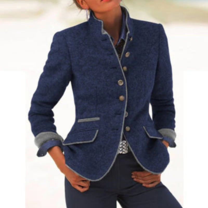 Women’s Color-Block Woolen Blazer Jacket with Multi-Button Front - Image 7