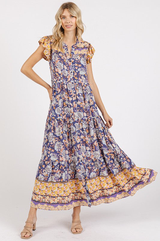 Bohemian-style floral print maxi summer dress with ruffled notched cap sleeves
