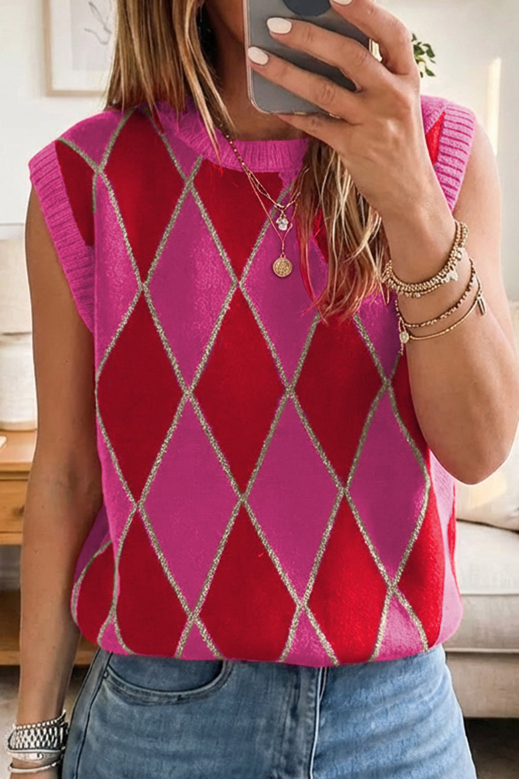 Rose Glitter Trim Rhombus Pattern Knit Sweater Vest