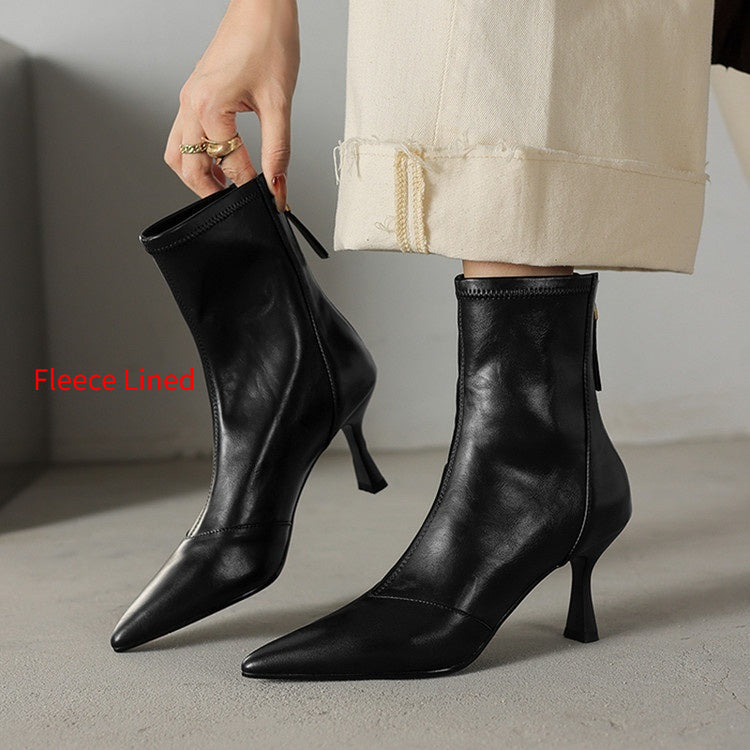 Women’s Cowhide Pointed Toe Stiletto Ankle Boots – Back Zipper High Heel Booties