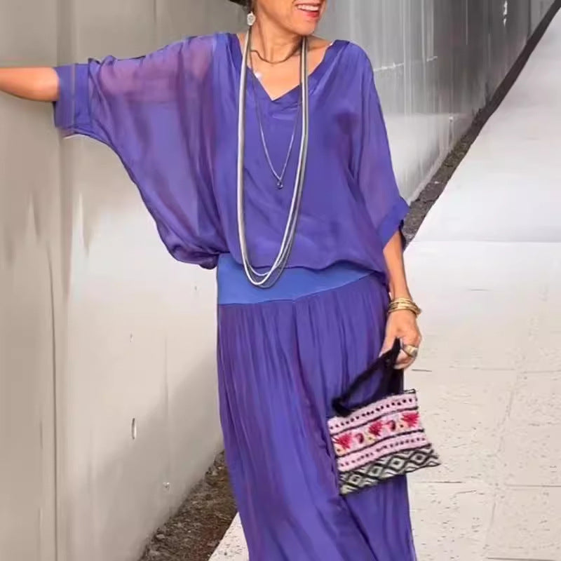 Solid Color Chiffon Two-Piece Set with V-Neck Top and Trousers - Image 4