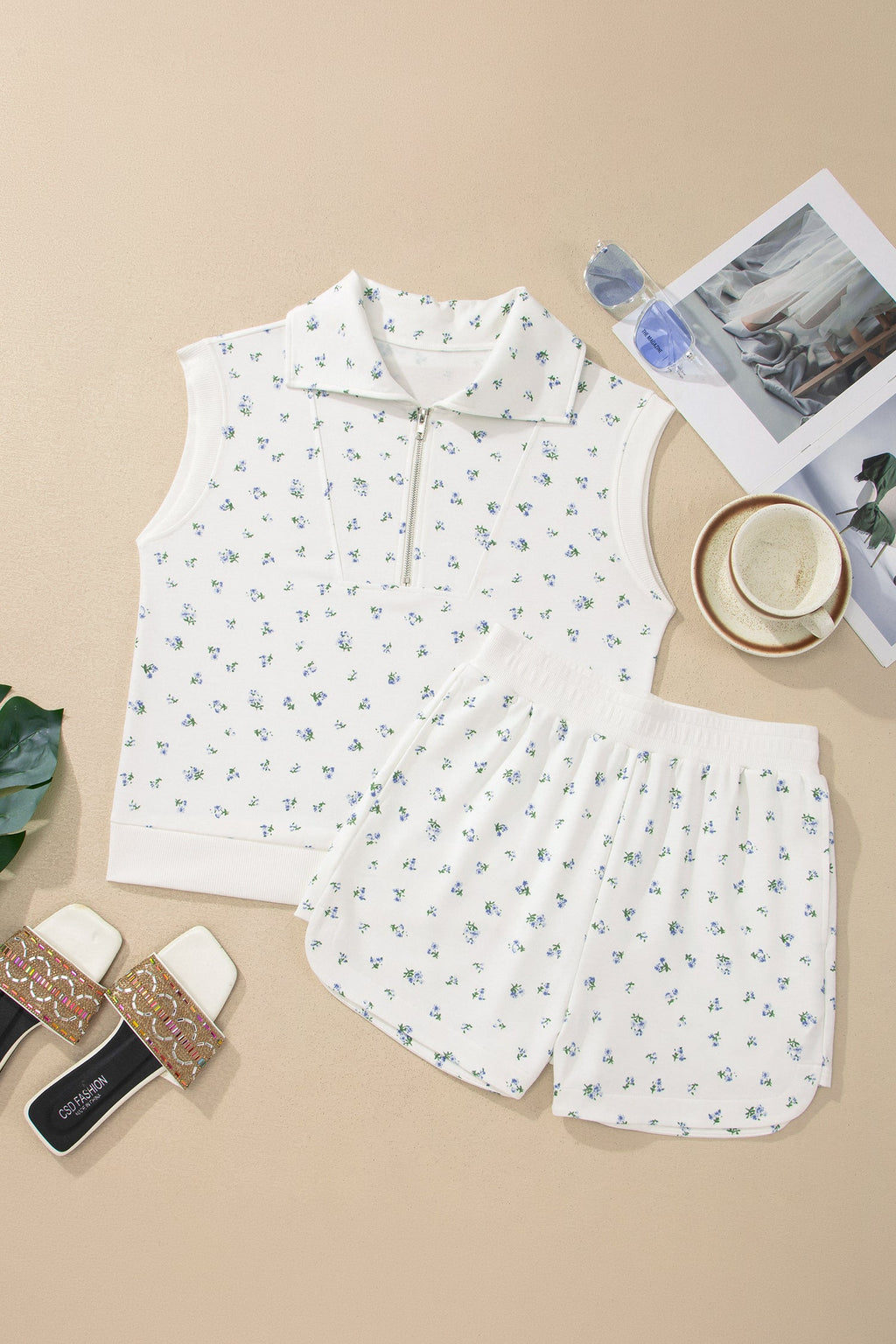 Floral Print Half-Zip Hooded Top and Drawstring Shorts Set