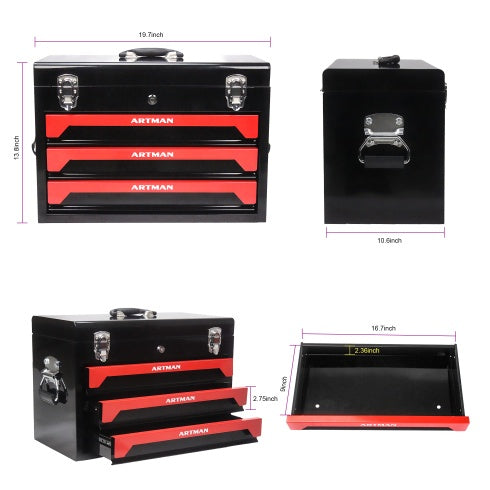 20-Inch Portable 3-Drawer Steel Tool Box with Metal Latch Closure
