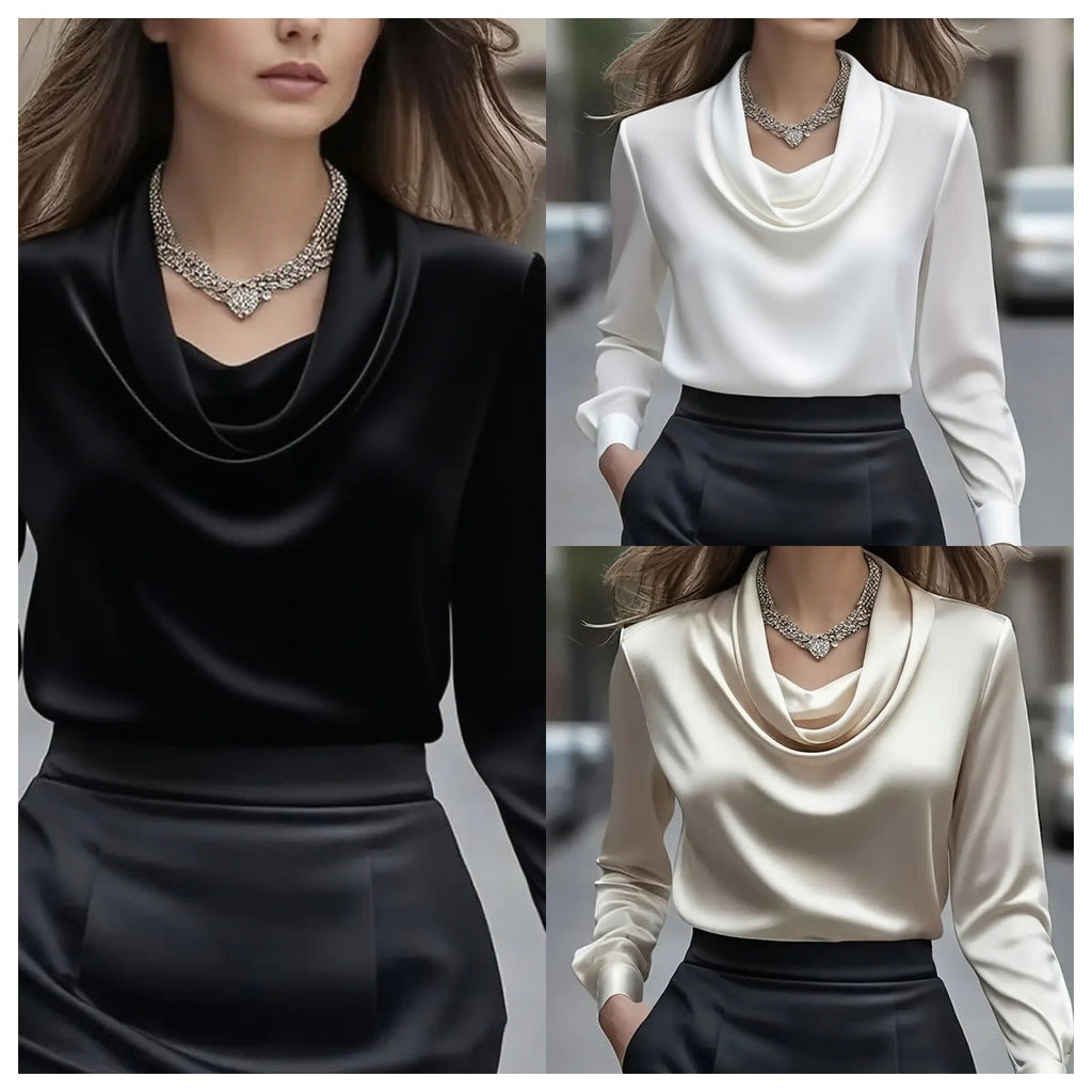 Women’s Elegant Long Sleeve Cowl Neck Minimalist Satin Blouse - Image 5