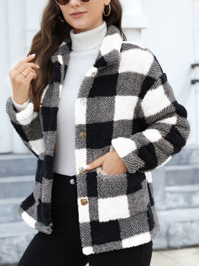 Women's Red Drop Shoulder Fuzzy Button-Up Jacket