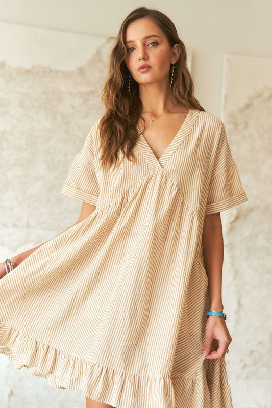 Striped V-Neck Babydoll Dress with Ruffled Hem - Beige & White