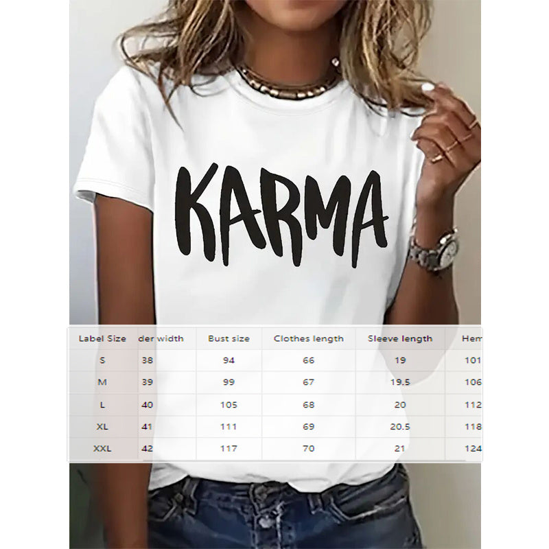 Women's Karma Print Short Sleeve Round Neck Casual Graphic T-Shirt - Image 4